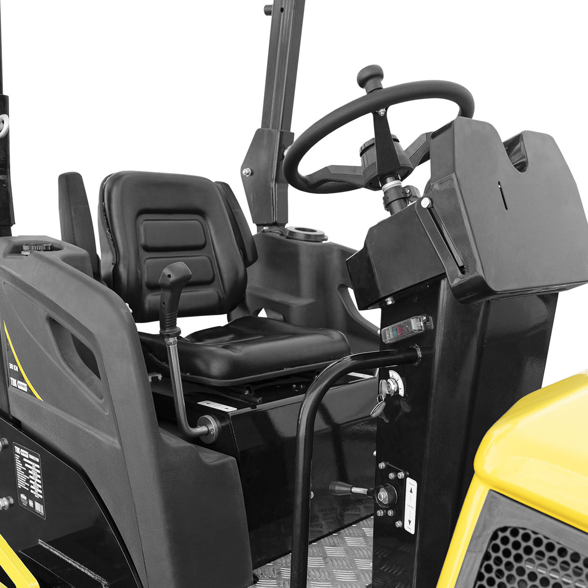 Rodillo vibratorio doble TDK TDKR2700, detalle del asiento y controles.
