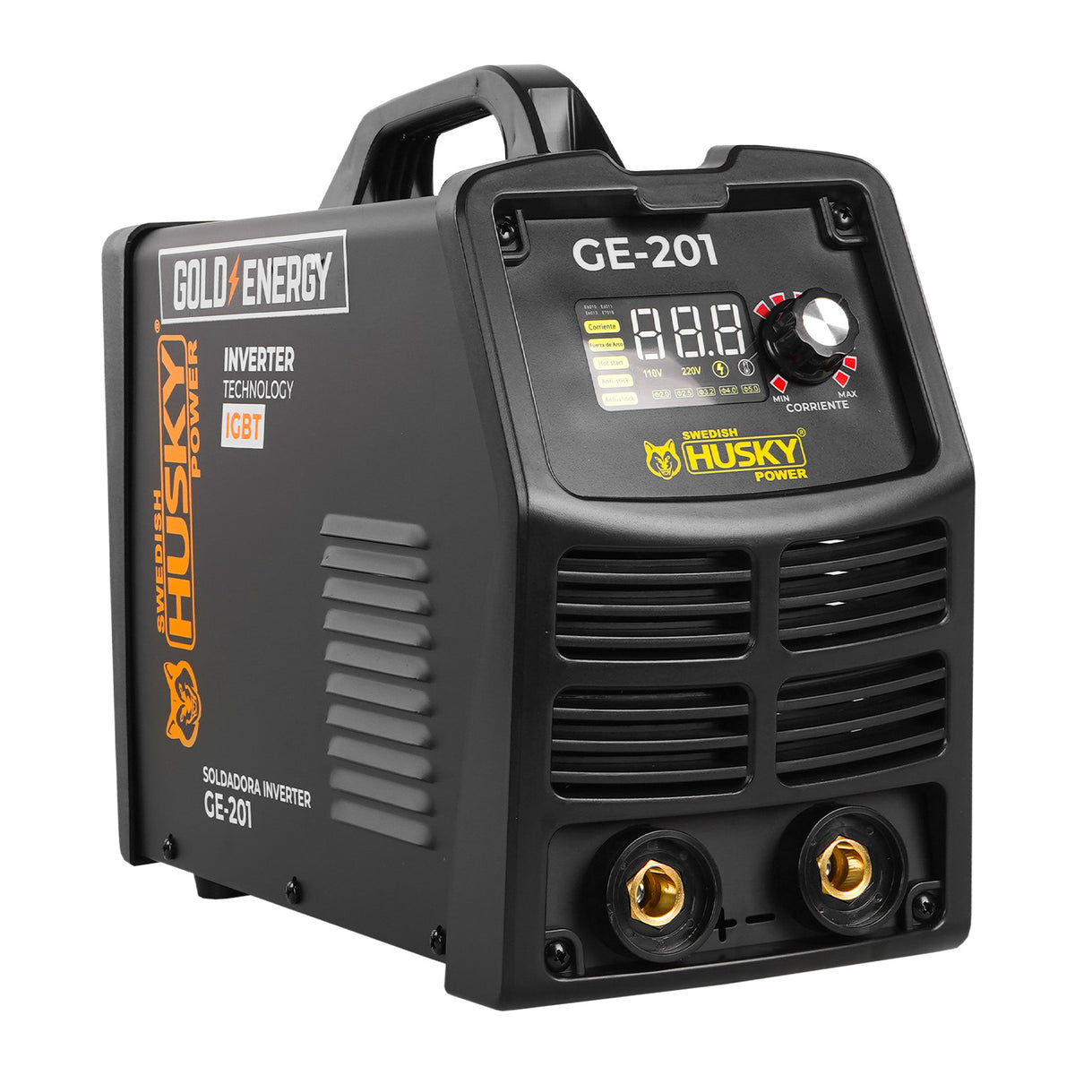 Soldadora inverter Husky Power GE-201 110/220 V, vista en tres cuartos.