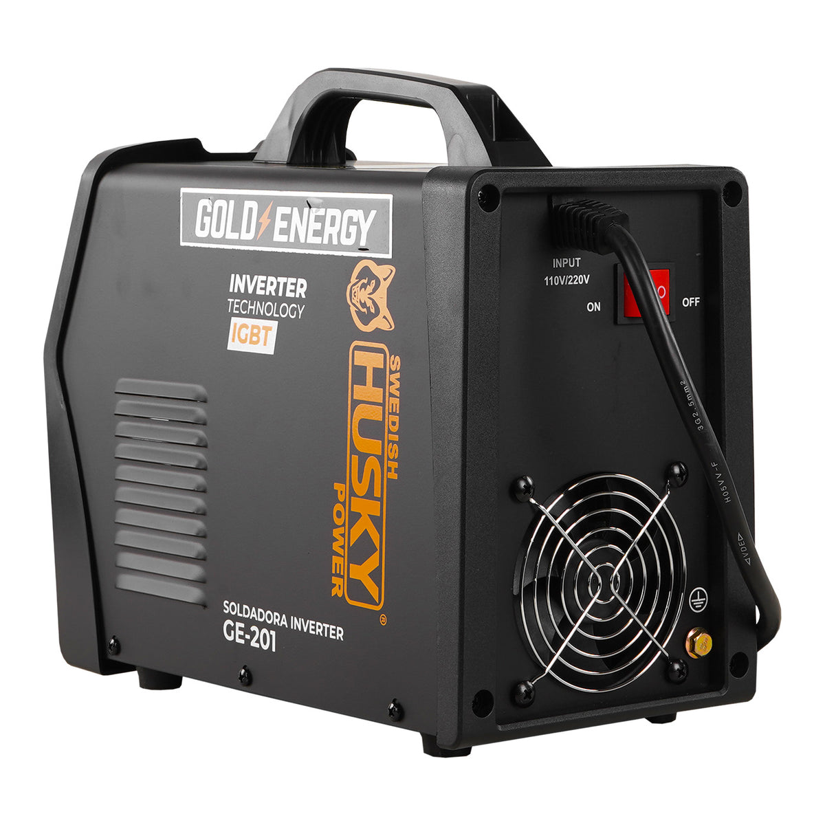 Soldadora inverter Husky Power GE-201 110/220 V, vista trasera en ángulo.