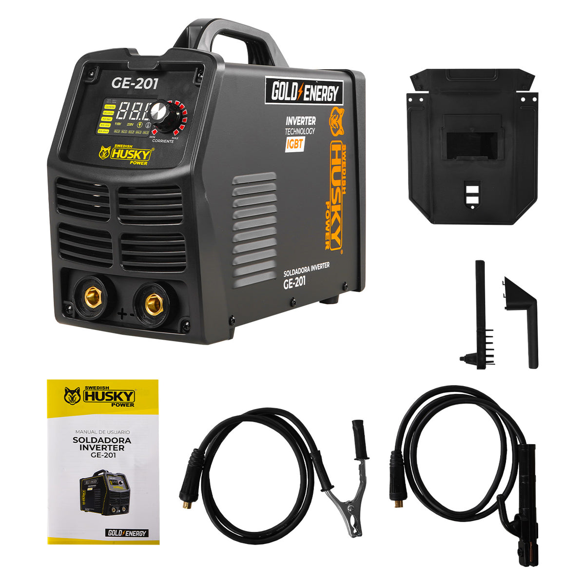 Soldadora inverter Husky Power GE-201 110/220 V, con accesorios incluidos.