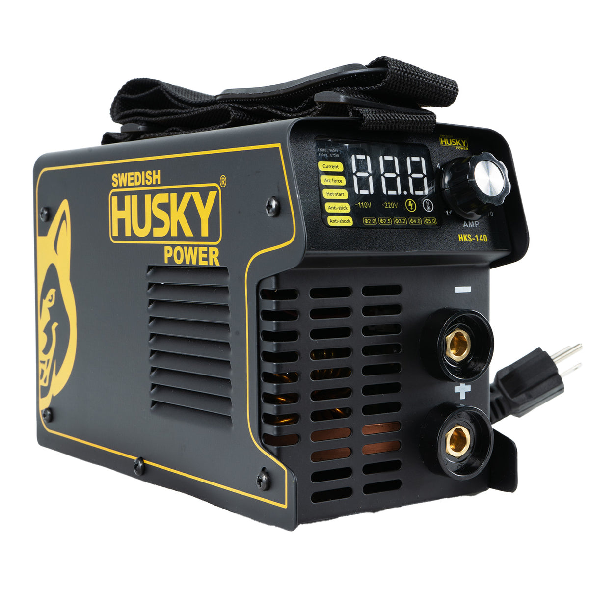 Soldadora inverter Husky Power HKS-140 110/220 V, vista en tres cuartos.