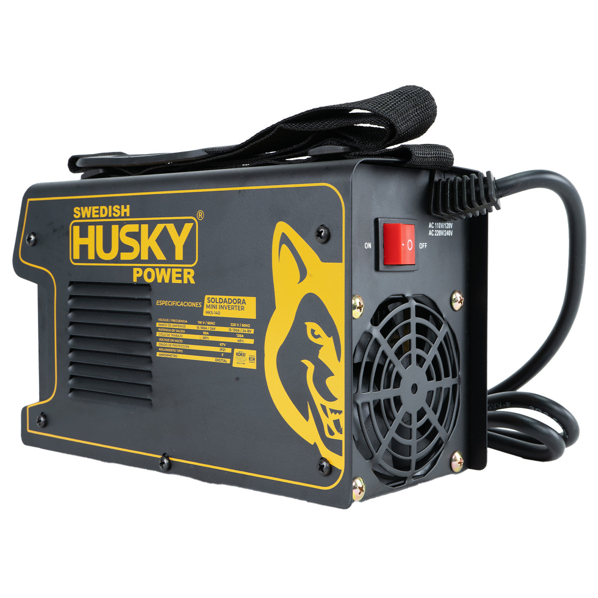 Soldadora inverter Husky Power HKS-140 110/220 V, vista trasera en ángulo.