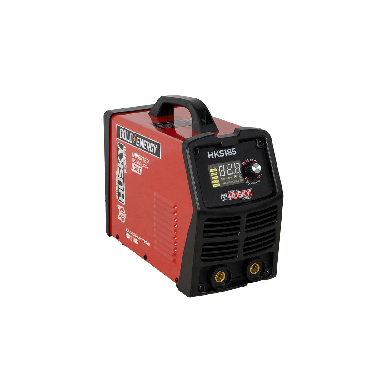 Soldadora inverter Husky Power HKS-185 110/220 V, vista en tres cuartos.