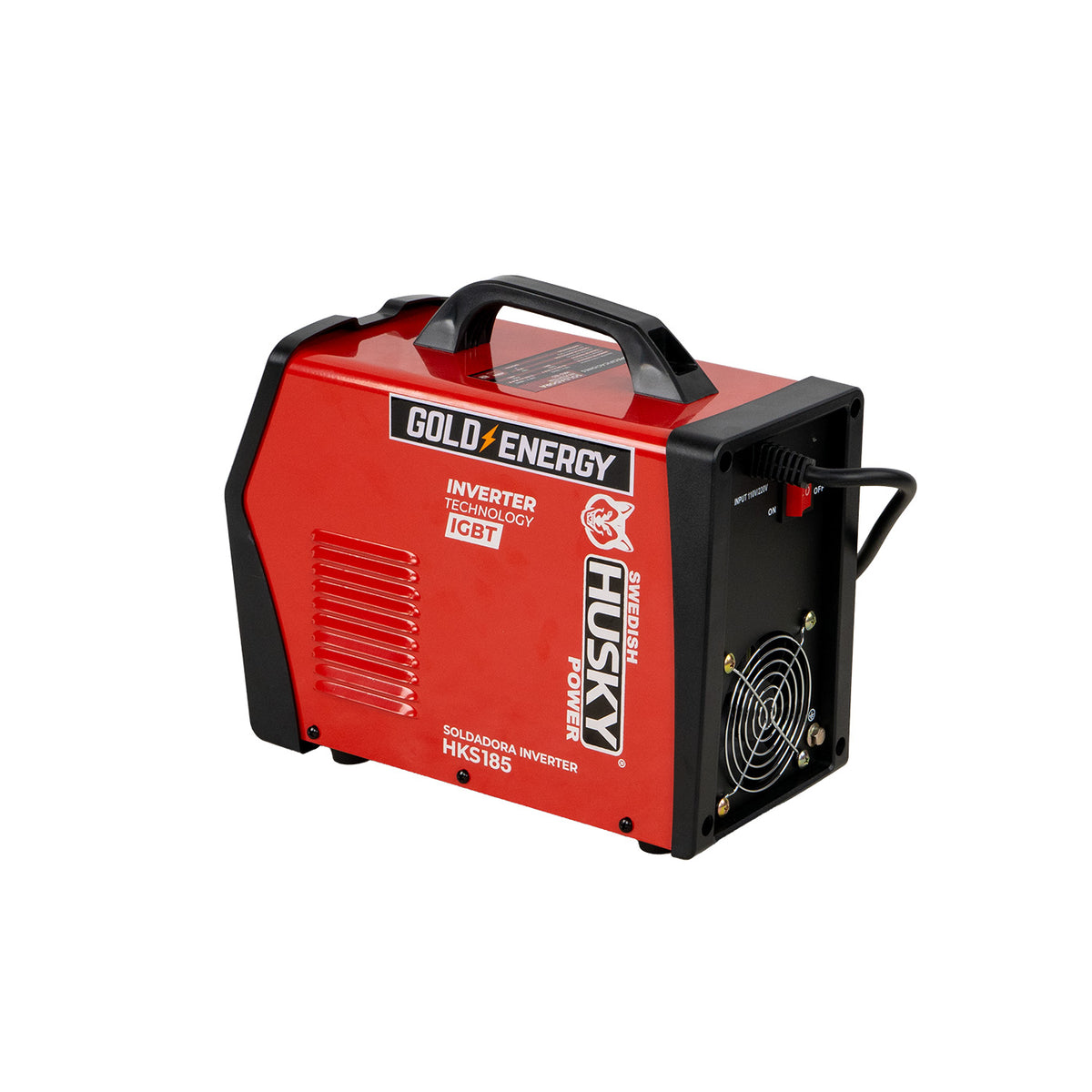 Soldadora inverter Husky Power HKS-185 110/220 V, vista trasera en ángulo.