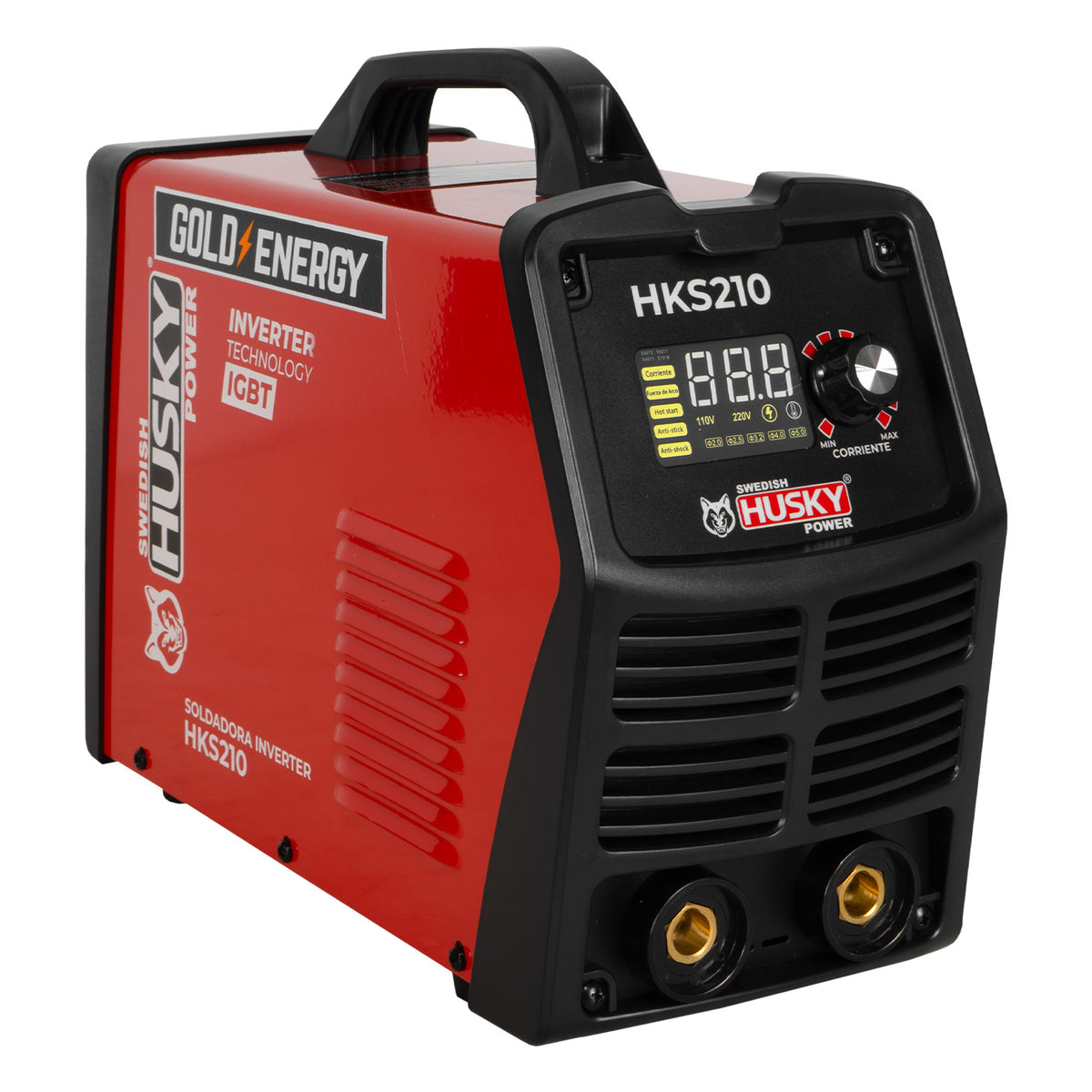 Soldadora inverter Husky Power HKS210 110/220 V, vista en tres cuartos.