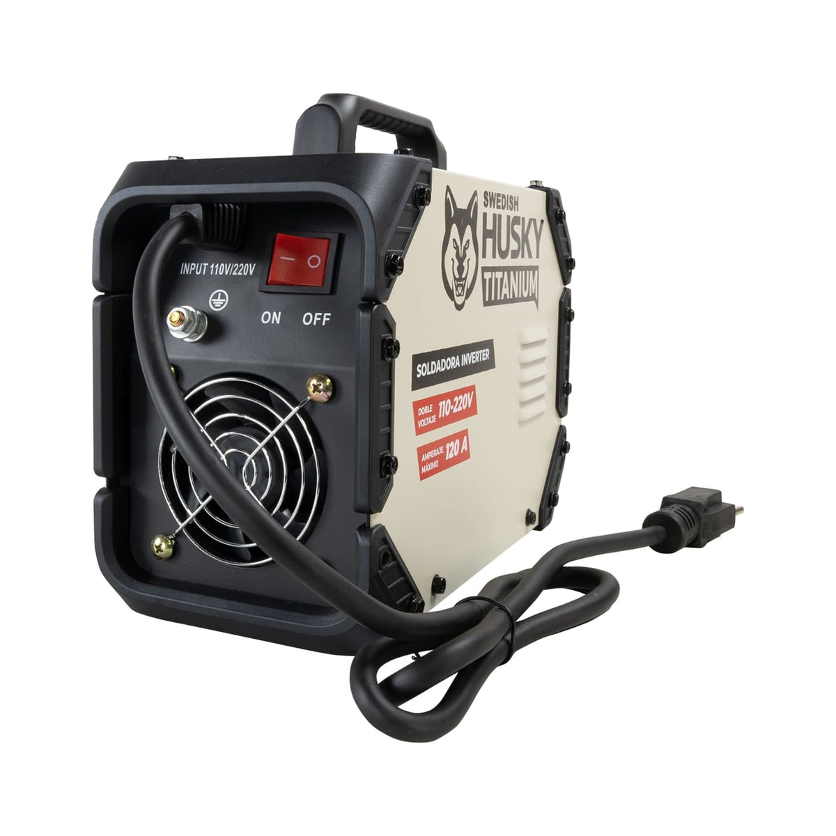 Soldadora inverter Swedish Husky Power TT140, vista posterior lateral.