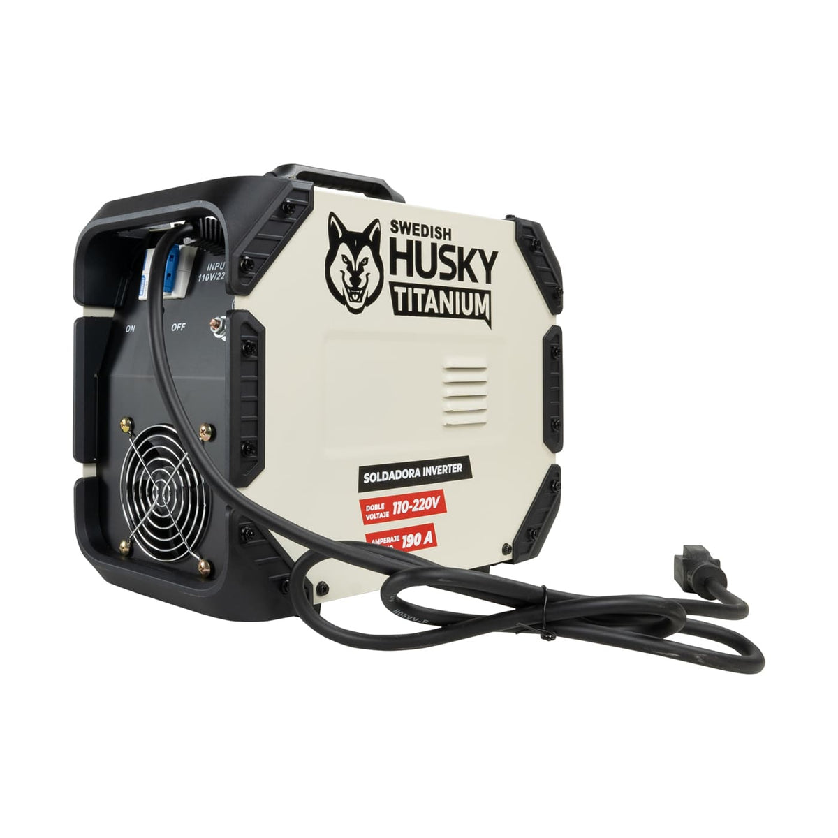 Soldadora inverter Swedish Husky Power TT210, vista posterior lateral.