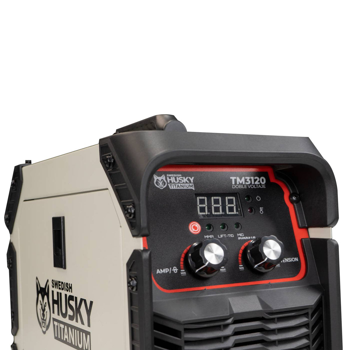 Soldadora multiproceso Swedish Husky Power TM3120, detalle del panel de control.