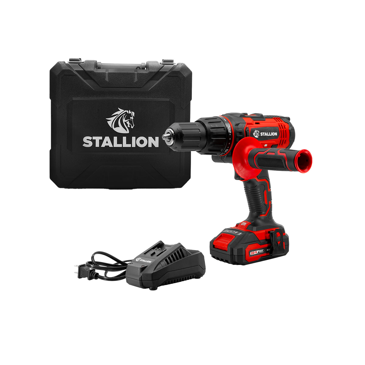 Taladro de impacto Stallion STCI20 con batería, cargador y estuche.