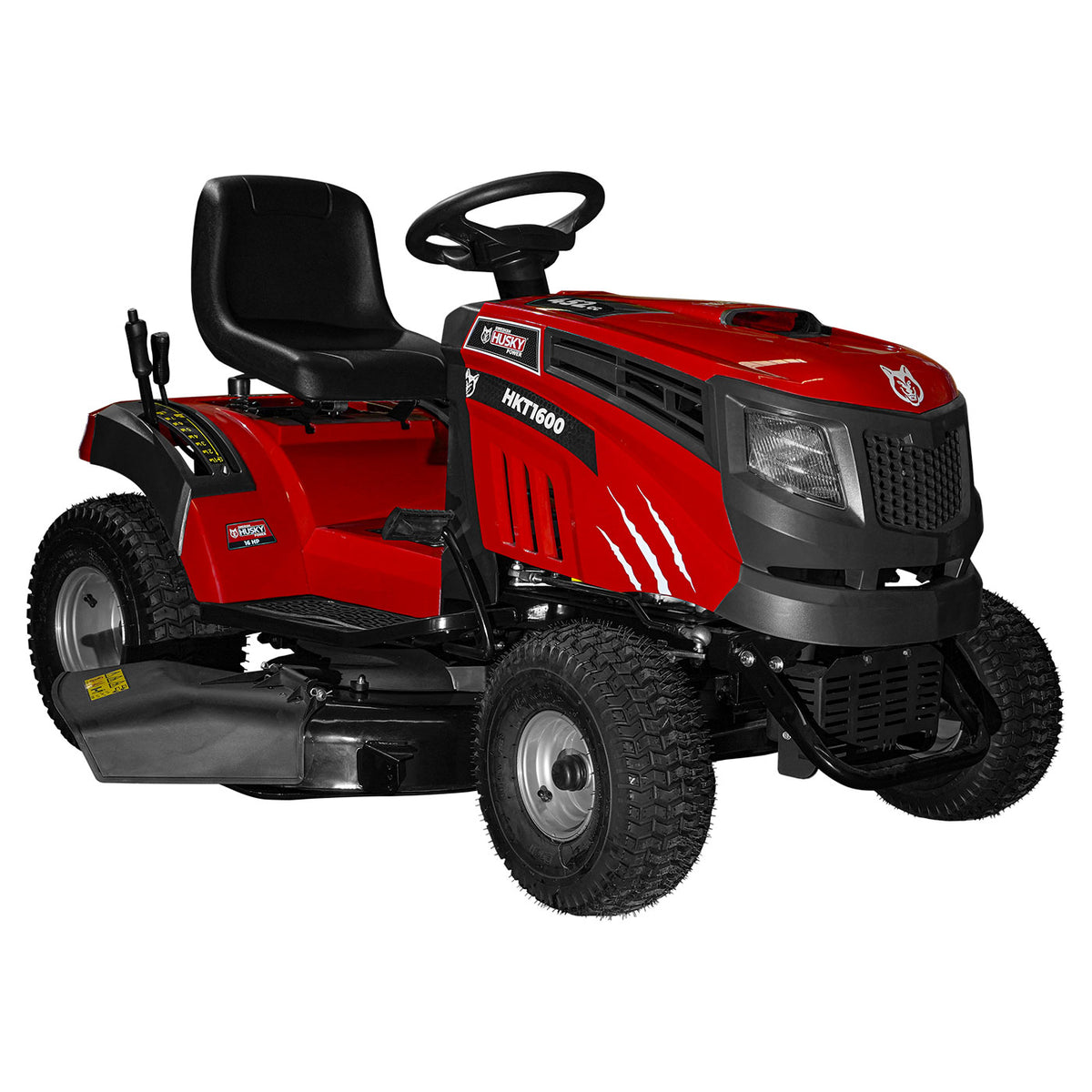 Tractor podador Husky Power HKT1600 de 16 HP y 42 pulgadas, vista en tres cuartos.
