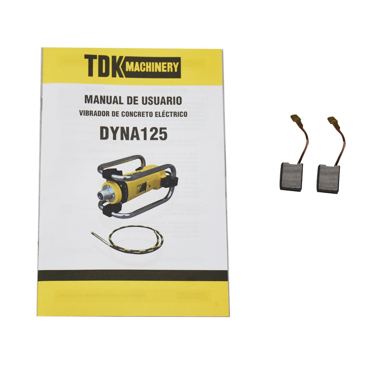 Vibrador eléctrico para concreto TDK DYNA125 2 HP con chicote de 2.5 m, manual y accesorios incluidos.