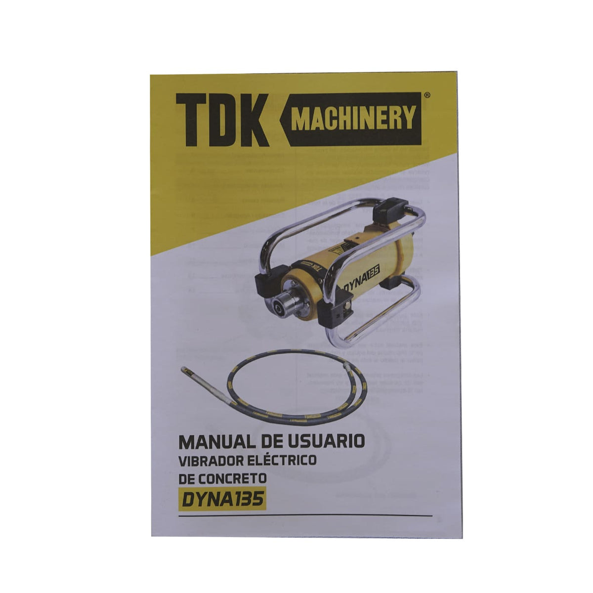 Vibrador de concreto eléctrico TDK DYNA135 con chicote de 3.5 m, manual de usuario.